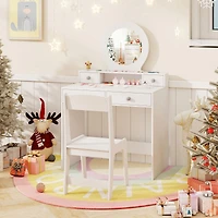 Kids Vanity Set, Mirror Princess Makeup Dressing Desk and Chair Set with Mirror - White