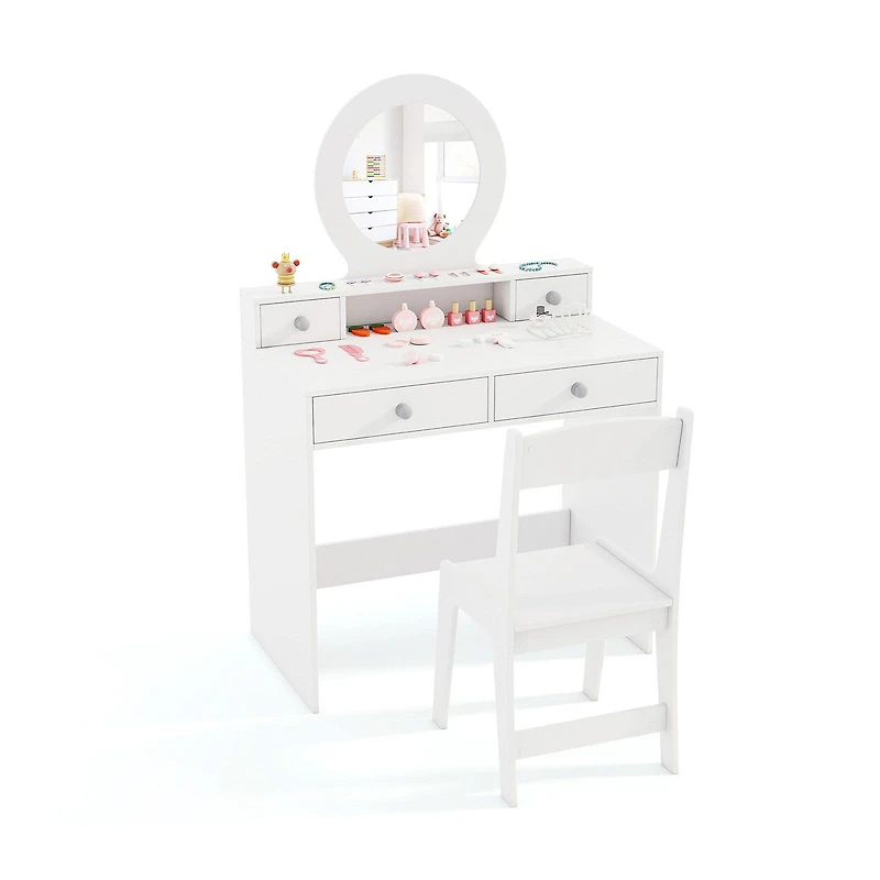 Kids Vanity Set, Mirror Princess Makeup Dressing Desk and Chair Set with Mirror - White