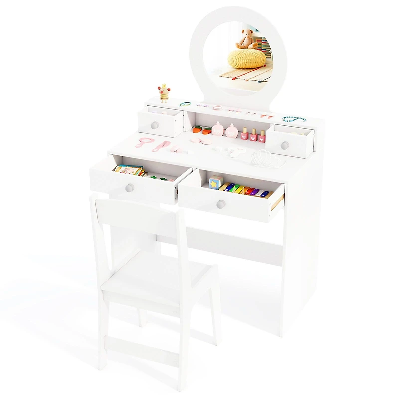 Kids Vanity Set, Mirror Princess Makeup Dressing Desk and Chair Set with Mirror - White