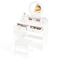 Kids Vanity Set, Mirror Princess Makeup Dressing Desk and Chair Set with Mirror - White