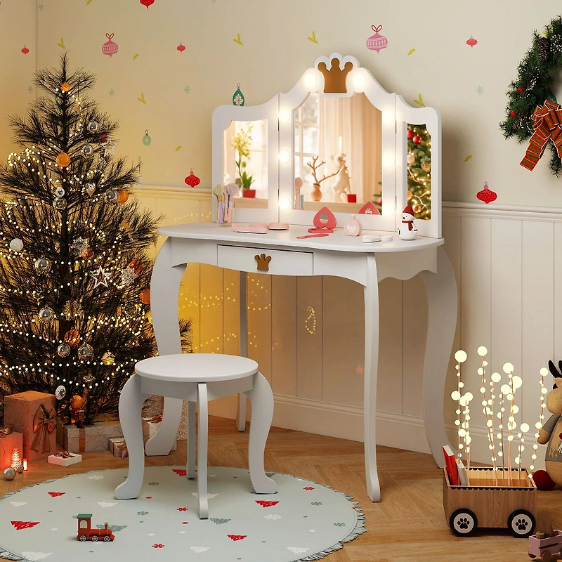 Kids Vanity Set, Tri-fold Lighted Mirror Detachable Top and Stool - White
