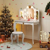 Kids Vanity Set, Tri-fold Lighted Mirror Detachable Top and Stool - White