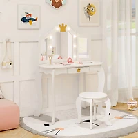 Kids Vanity Set, Tri-fold Lighted Mirror Detachable Top and Stool - White
