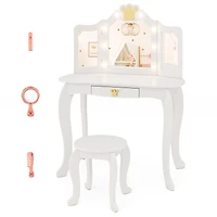 Kids Vanity Set, Tri-fold Lighted Mirror Detachable Top and Stool - White