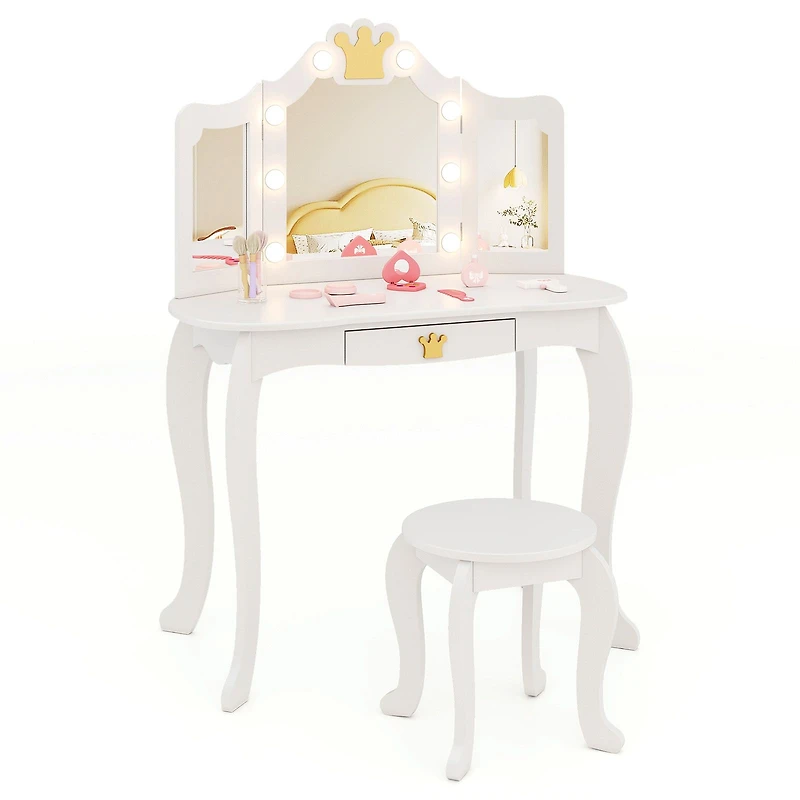 Kids Vanity Set, Tri-fold Lighted Mirror Detachable Top and Stool - White