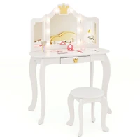 Kids Vanity Set, Tri-fold Lighted Mirror Detachable Top and Stool - White