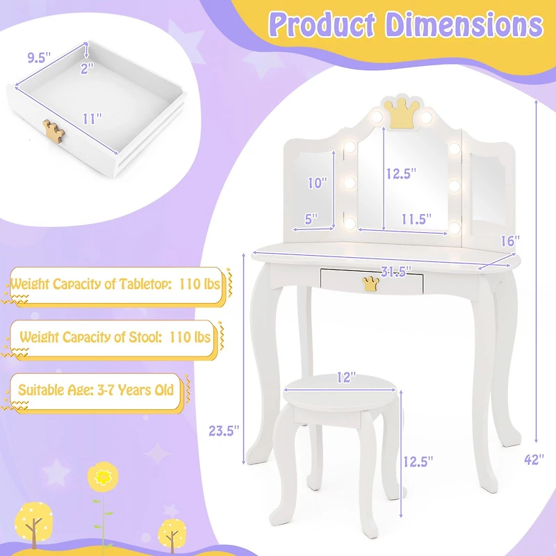 Kids Vanity Set, Tri-fold Lighted Mirror Detachable Top and Stool - White