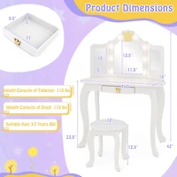 Kids Vanity Set, Tri-fold Lighted Mirror Detachable Top and Stool - White