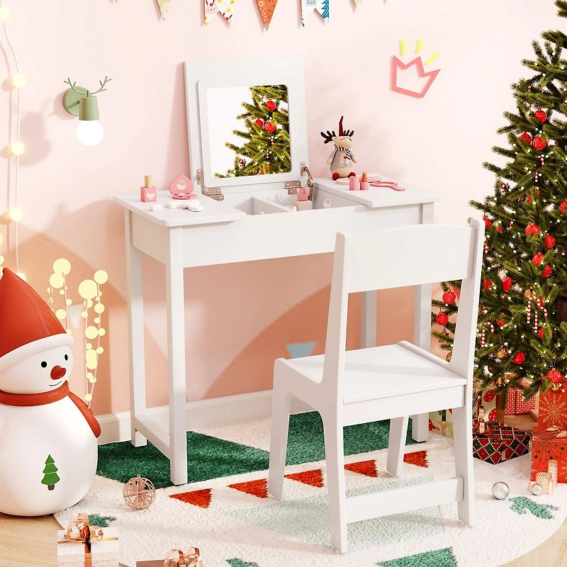 Ensemble 2-en-1 pour enfants comprenant une coiffeuse et chaise, miroir rabattable