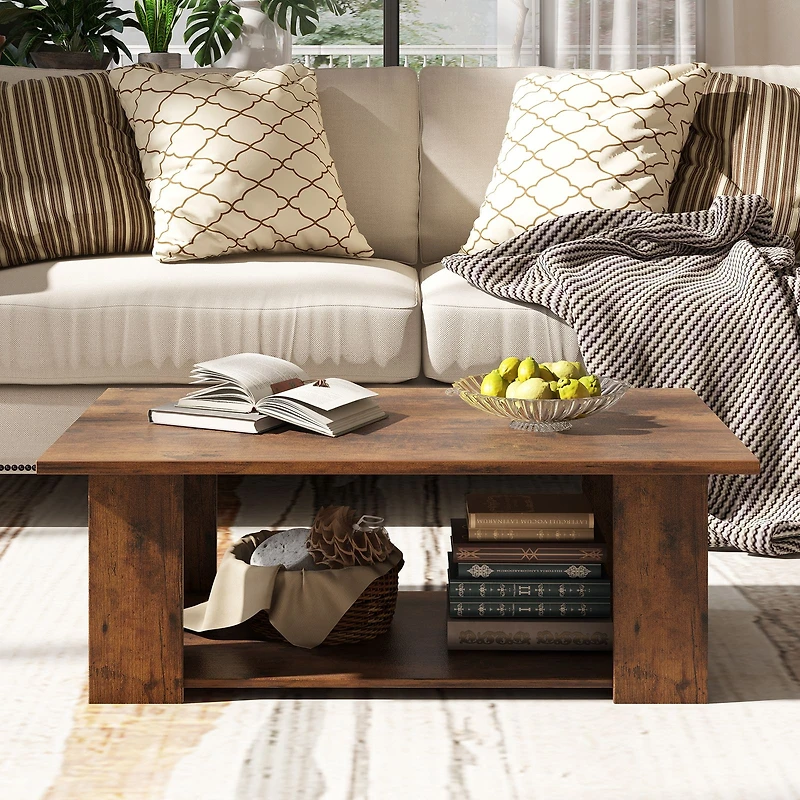 Large 41" 2-tier Wooden Modern Coffee Table, Storage Shelf