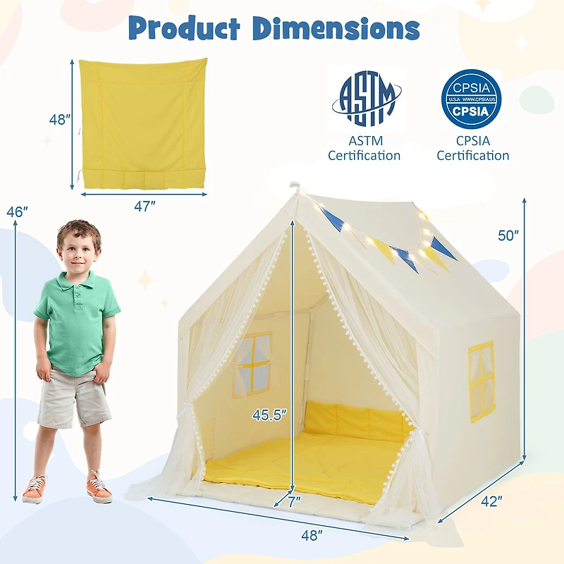 48 x 42 50" Large Play Tent, Washable Cotton Mat Holiday Birthday Gift for Kids