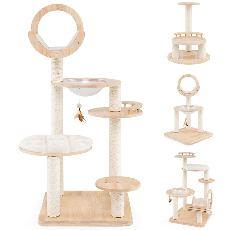 4-in-1 Large Wooden Cat Tower, Space Capsule Nest for Indoor Cats