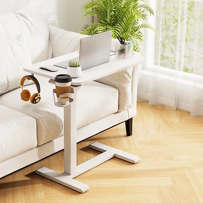 Mobile Standing Desk Height Adjustable Overbed Bedside Table, Cup Holder - White
