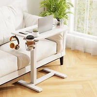 Mobile Standing Desk Height Adjustable Overbed Bedside Table, Cup Holder - White