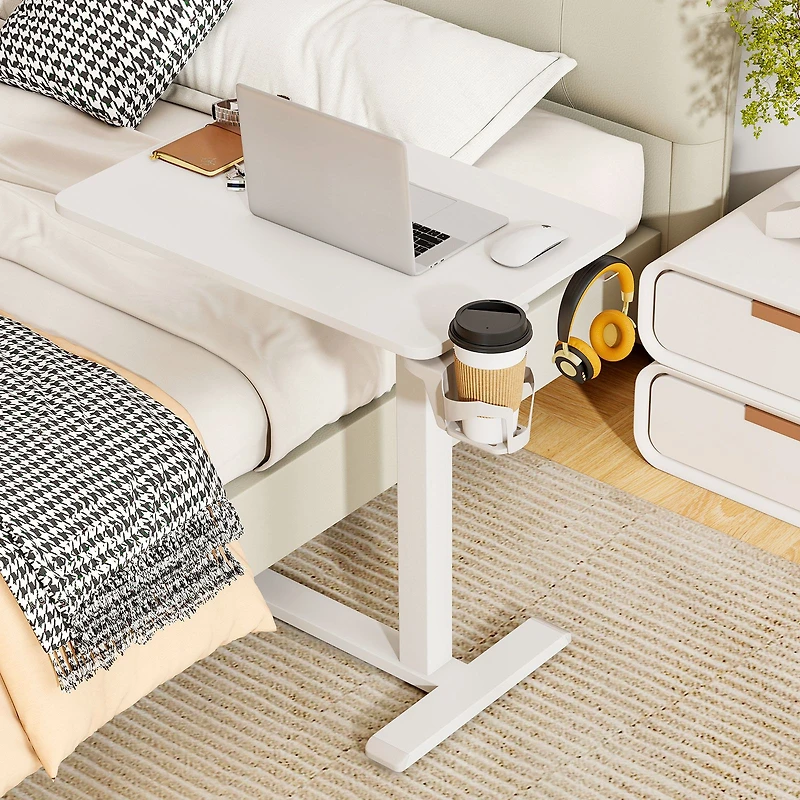 Mobile Standing Desk Height Adjustable Overbed Bedside Table, Cup Holder - White