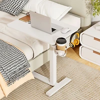 Mobile Standing Desk Height Adjustable Overbed Bedside Table, Cup Holder - White