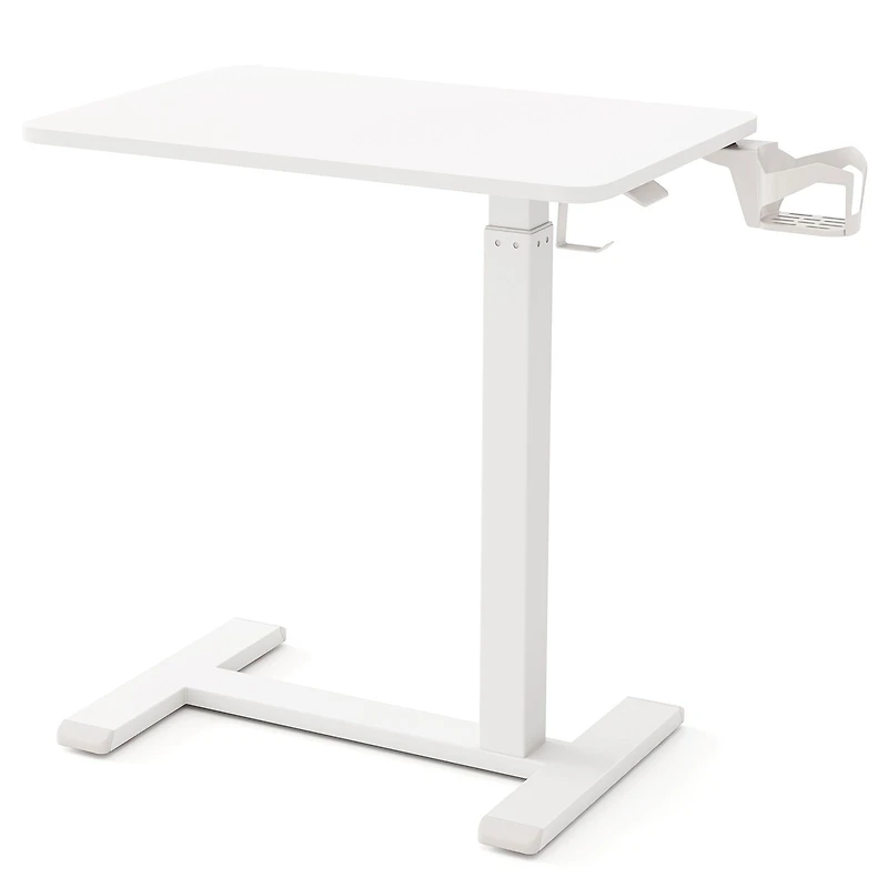 Mobile Standing Desk Height Adjustable Overbed Bedside Table, Cup Holder - White