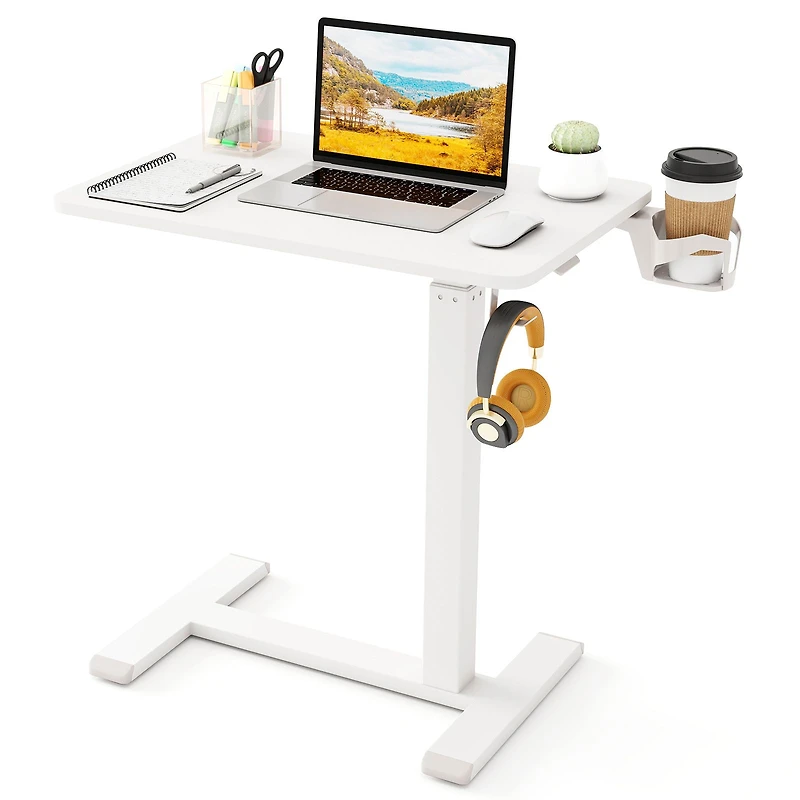 Mobile Standing Desk Height Adjustable Overbed Bedside Table, Cup Holder - White