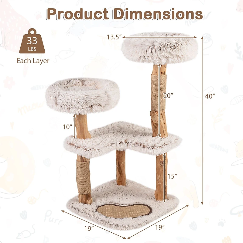 Arbre à chat moderne 40 pouces avec branche naturelle en bois véritable de luxe - Blanc