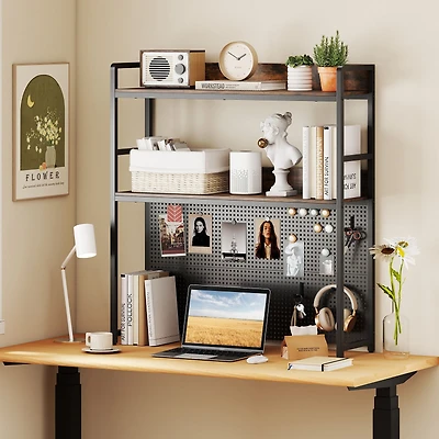 Étagère de bureau polyvalente à 2 niveaux, panneau perforé pour écran d'ordinateur jusqu'à 32 po - Marron rustique