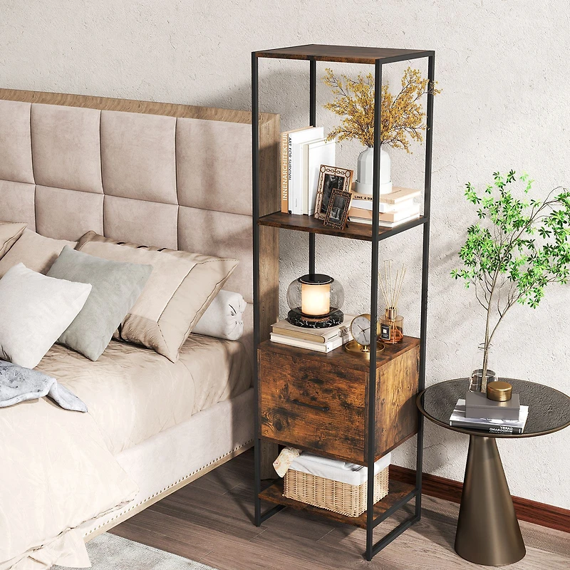 5-Tier Narrow Bookcase, 4 Open Shelves and Storage Drawer