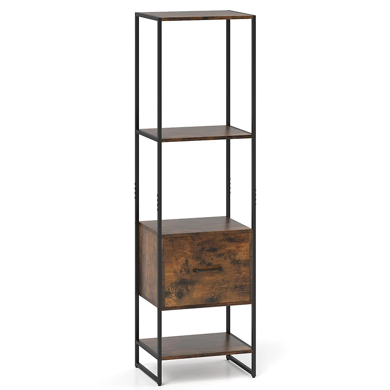 5-Tier Narrow Bookcase, 4 Open Shelves and Storage Drawer