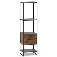 5-Tier Narrow Bookcase, 4 Open Shelves and Storage Drawer