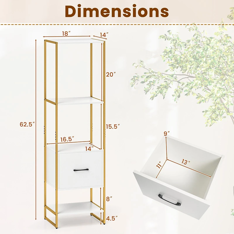 5-Tier Narrow Bookcase, 4 Open Shelves and Storage Drawer