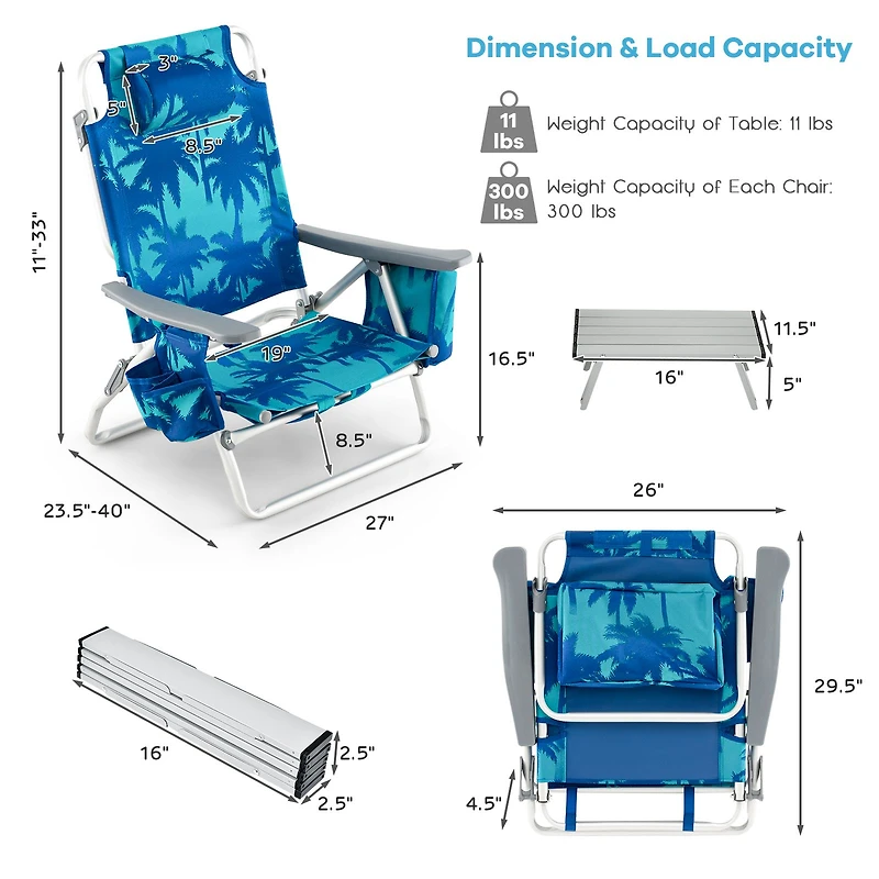 2 Packs 5-Position Outdoor Folding Backpack Beach Table Chair Reclining Set