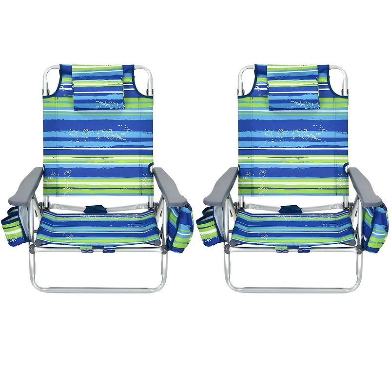 2-Pack Folding Backpack Beach Chair 5-Position Outdoor Reclining Chairs, Pillow