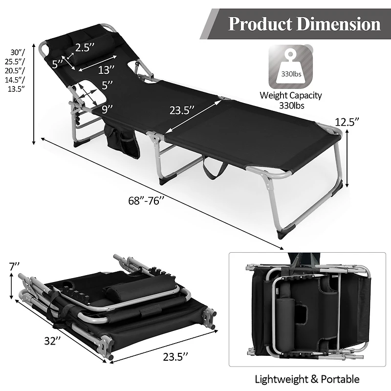 Folding Beach Lounge Chair, Pillow for Outdoor