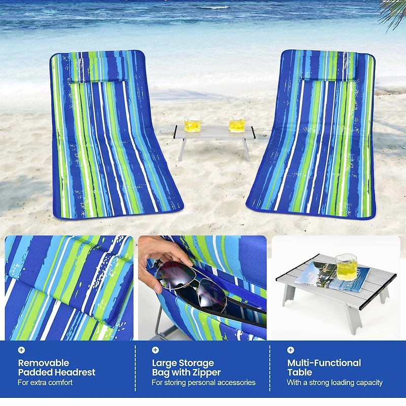 Ensemble de 3 chaises longues de plage, 2 chaises longues réglables et table