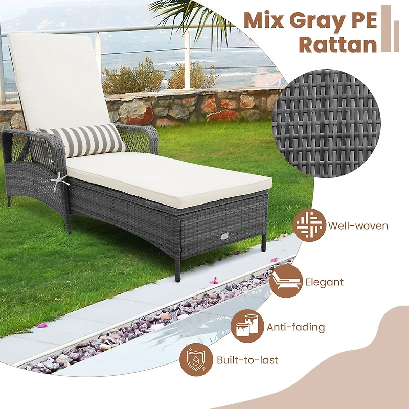 Outdoor Chaise Lounge Chair Recliner, 6-Level Backrest Cushion and Pillow