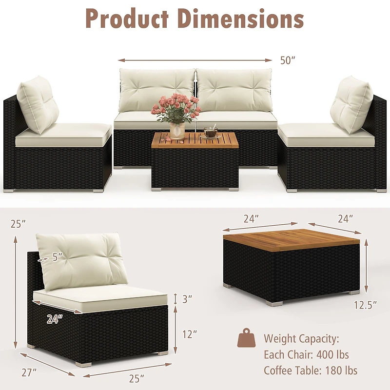 Ensemble de mobilier d'extérieur 5 pièces, plateau solide et coussins moelleux - blanc cassé