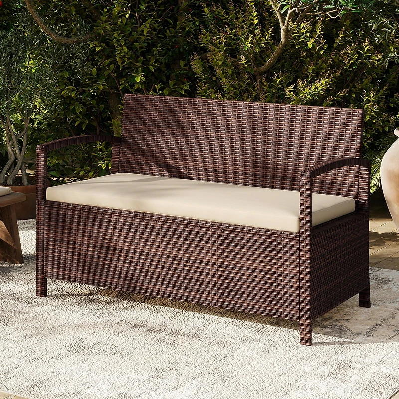 Outdoor PE Wicker Storage Bench 2 Seater, Cushion and 42 Gallon Deck Box - Beige
