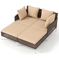 Outdoor Rattan Double Daybed Wicker Chaise Lounge - Brown