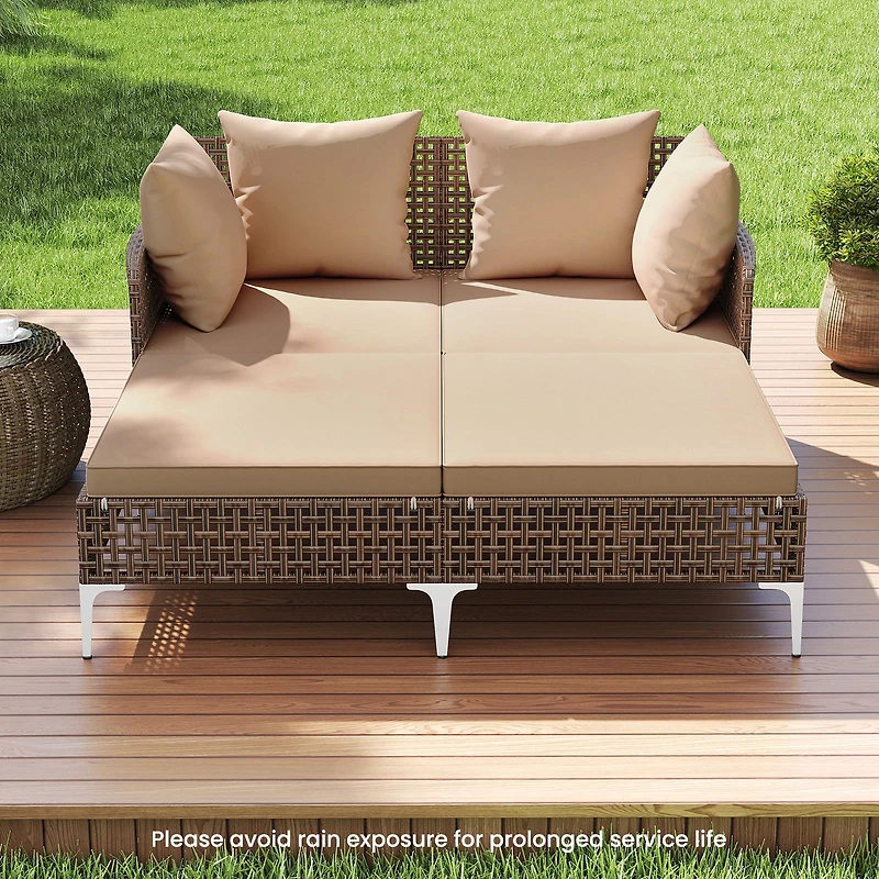 Outdoor Rattan Double Daybed Wicker Chaise Lounge - Brown