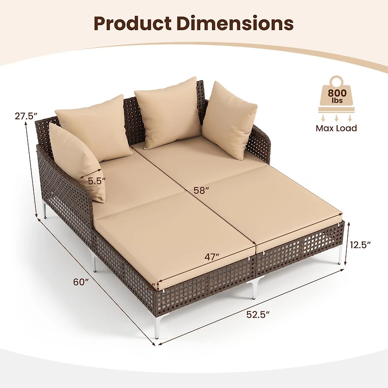 Outdoor Rattan Double Daybed Wicker Chaise Lounge - Brown