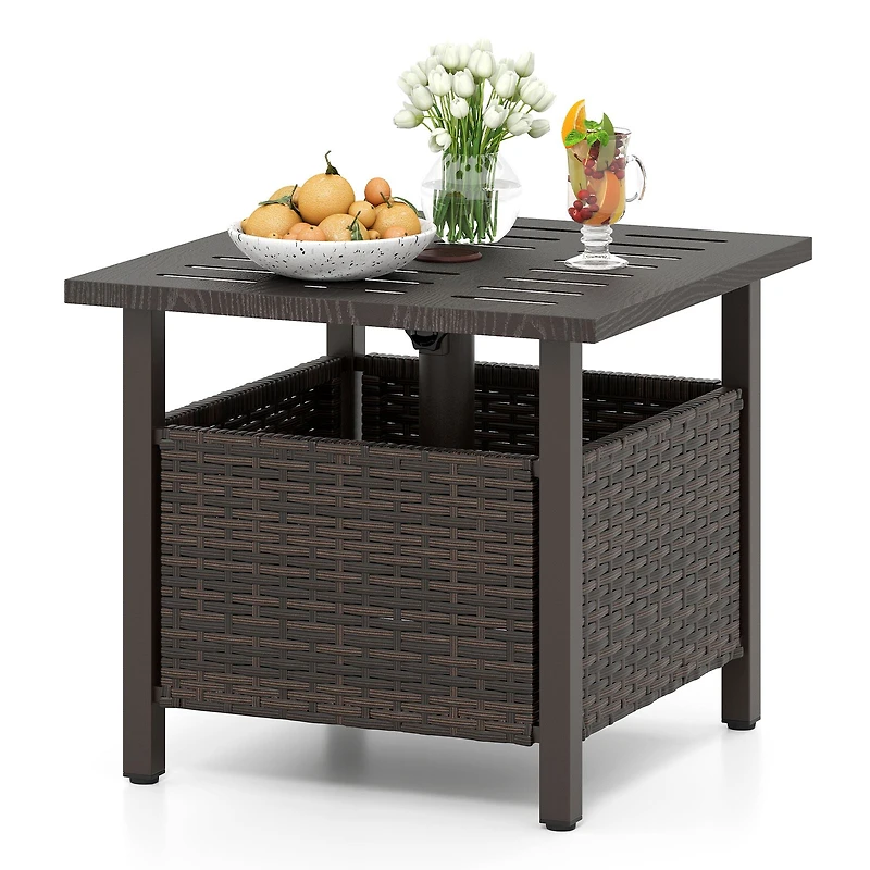 Outdoor Side Table All-Weather PE Wicker Patio Table, Umbrella Hole - Brown