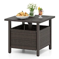 Outdoor Side Table All-Weather PE Wicker Patio Table, Umbrella Hole - Brown