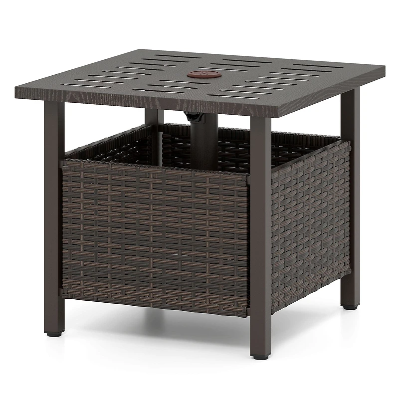 Table d'appoint d'extérieur en osier PE résistant aux intempéries, trou pour parasol - Marron