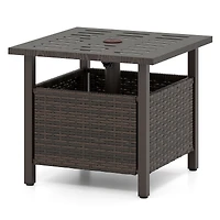 Table d'appoint d'extérieur en osier PE résistant aux intempéries, trou pour parasol - Marron