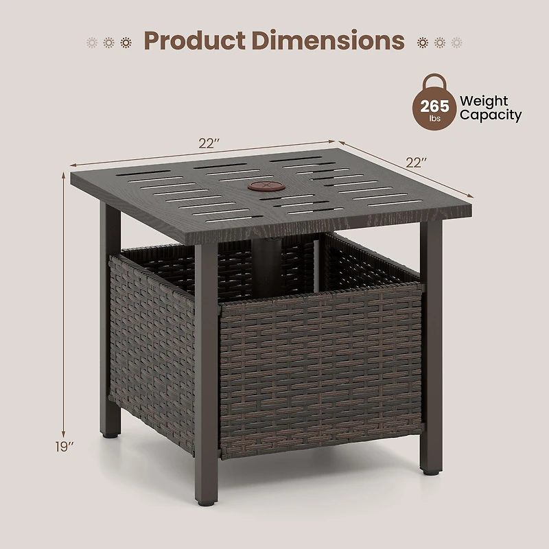 Outdoor Side Table All-Weather PE Wicker Patio Table, Umbrella Hole - Brown