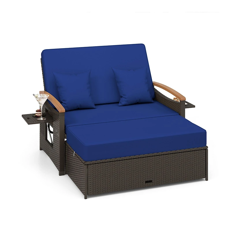 Outdoor Wicker Daybed, Folding Panels and Storage Ottoman - Navy
