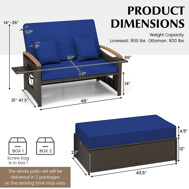 Outdoor Wicker Daybed, Folding Panels and Storage Ottoman - Navy