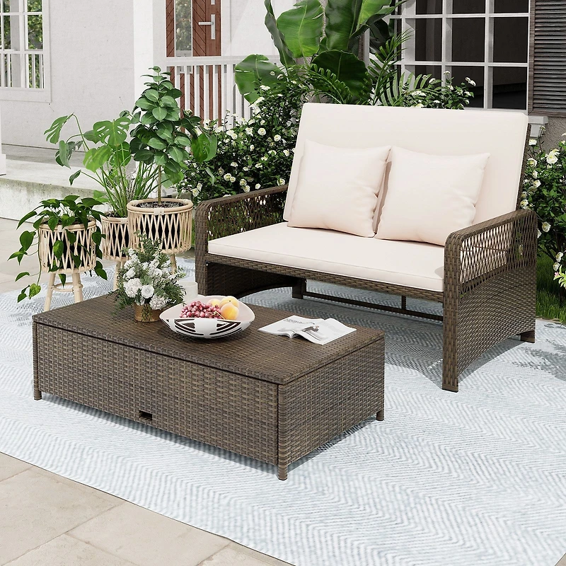 Patio Adjustable Wicker Daybed, 4-Level Backrest and Soft Cushions - Beige
