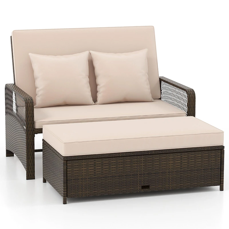 Patio Adjustable Wicker Daybed, 4-Level Backrest and Soft Cushions - Beige