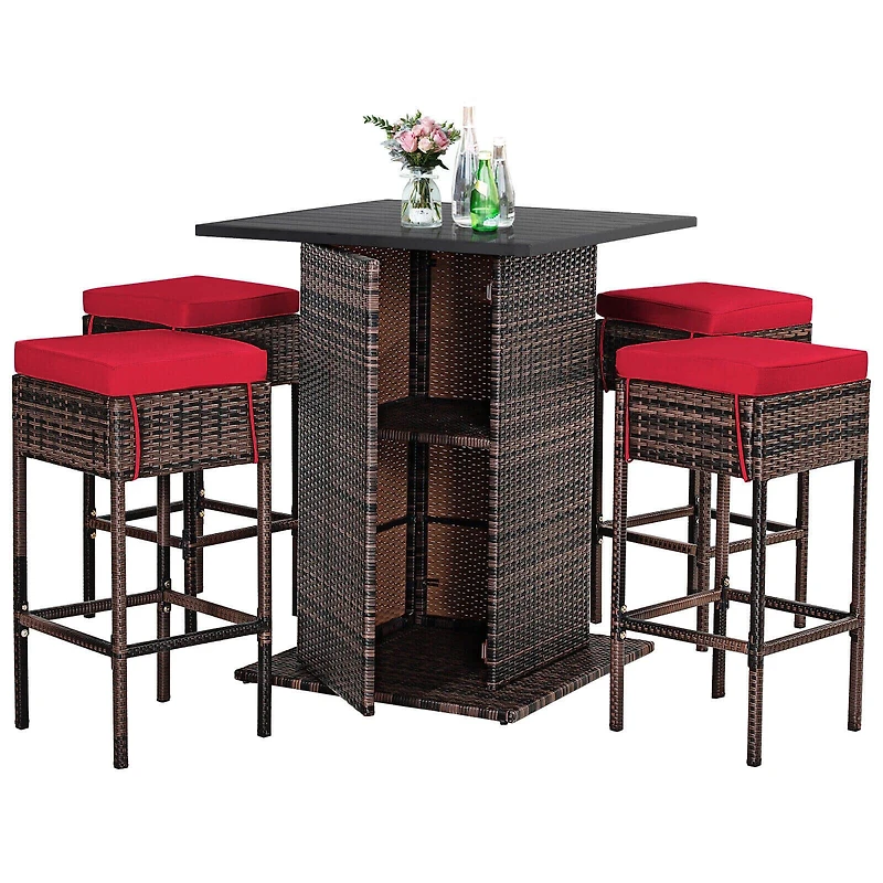 5-Piece Patio Rattan Bar Furniture Set, Cushions and Hidden Storage Shelf