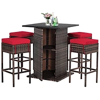 5-Piece Patio Rattan Bar Furniture Set, Cushions and Hidden Storage Shelf