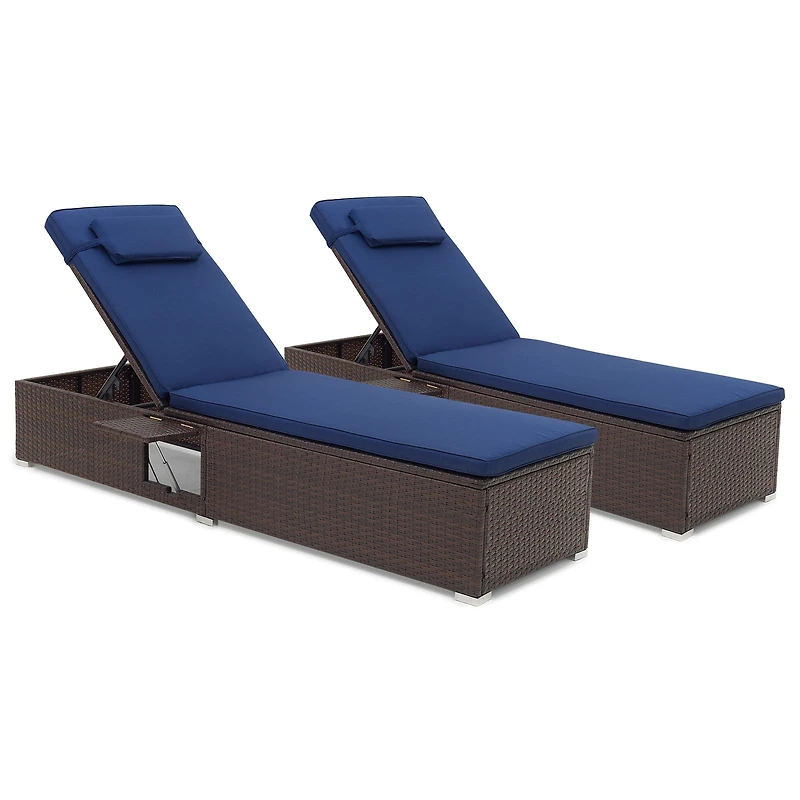 Patio Chaise Lounge Set of 2, Backrest Seat Cushion and Headrest - Navy